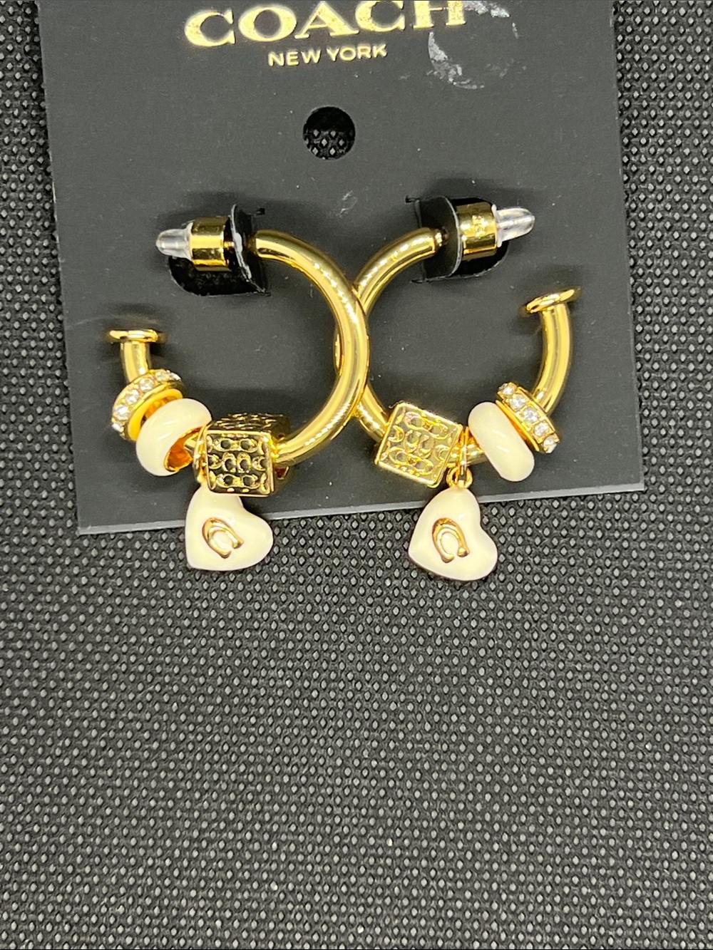 Coach Gold Hoop Earrings with Cream Heart Charms and Accent Beads - Picture 3 of 3